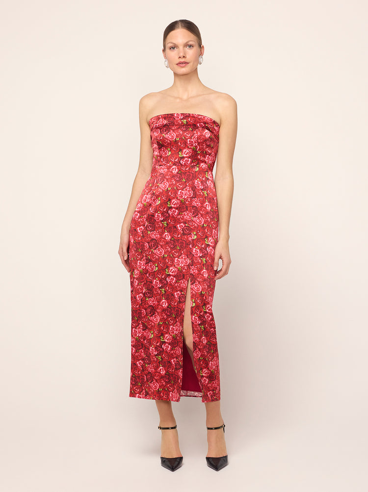 Marcelle Red Roses Print Dress - Marcelle is a sultry, strapless number crafted from our soft, painterly compact Red Roses print on a slightly textured, heavy satin base. Her straight maxi skirt with split back hem provides a figure-flattering fit.