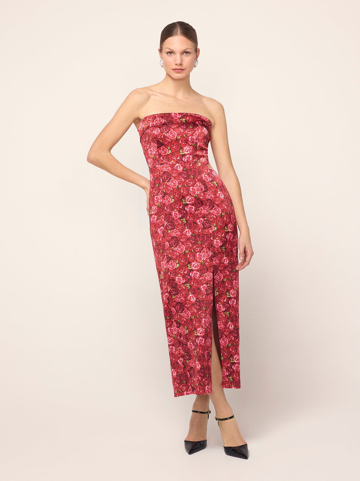 Marcelle Red Roses Print Dress - Marcelle is a sultry, strapless number crafted from our soft, painterly compact Red Roses print on a slightly textured, heavy satin base. Her straight maxi skirt with split back hem provides a figure-flattering fit.