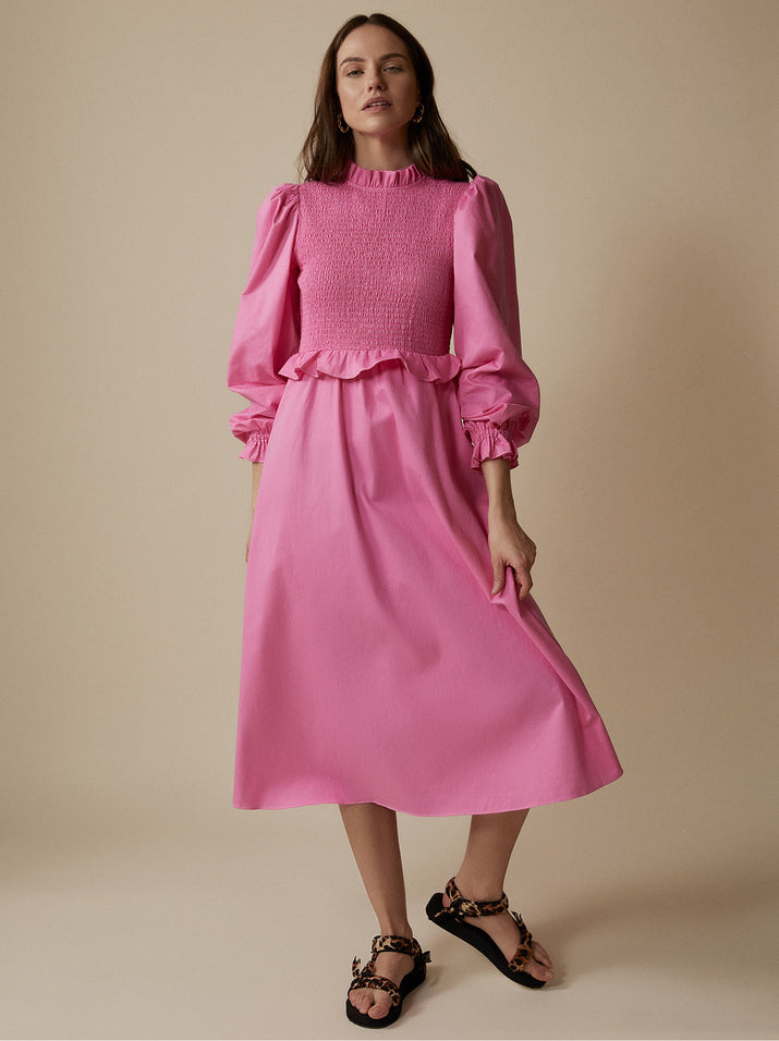 Marcia Pink Shirred Cotton Dress | KITRI Studio