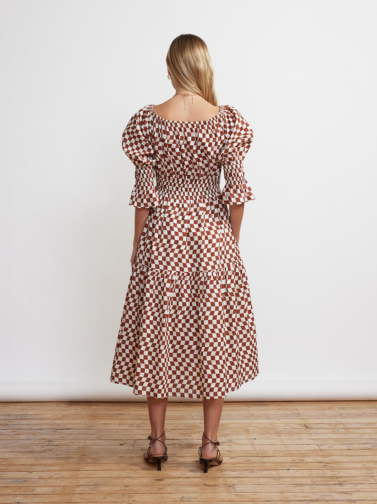 Margot Brown Wavy Checker Midi Dress by KITRI Studio