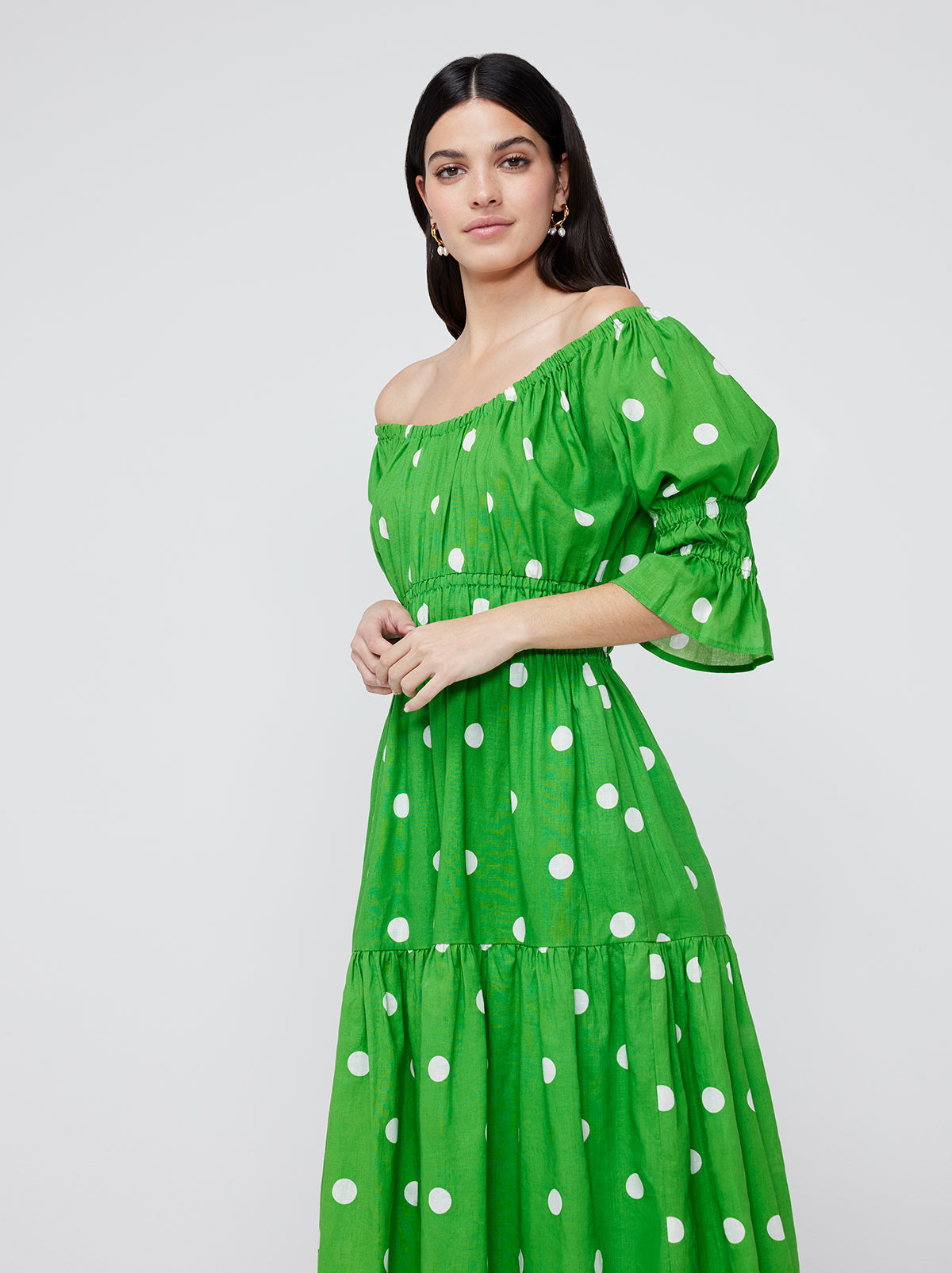 Green spotty midi dress hotsell