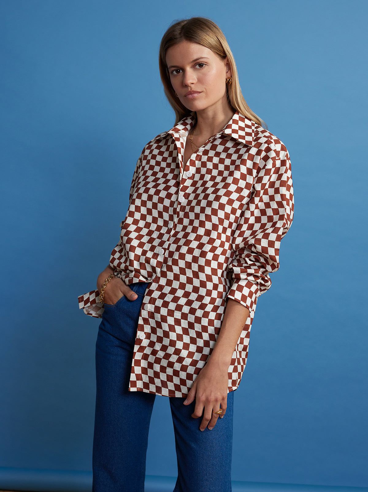 Mariana Brown Wavy Checker Boyfriend Shirt By KITRI Studio