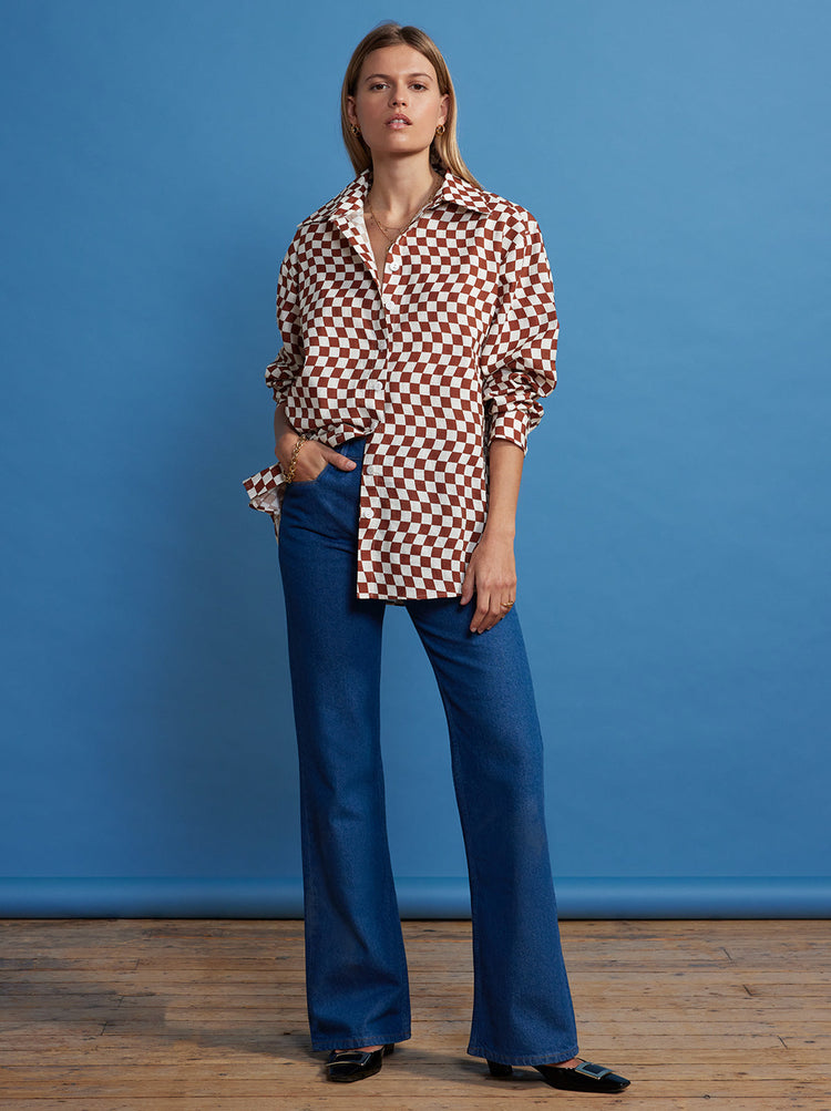 Mariana Brown Wavy Checker Boyfriend Shirt By KITRI Studio