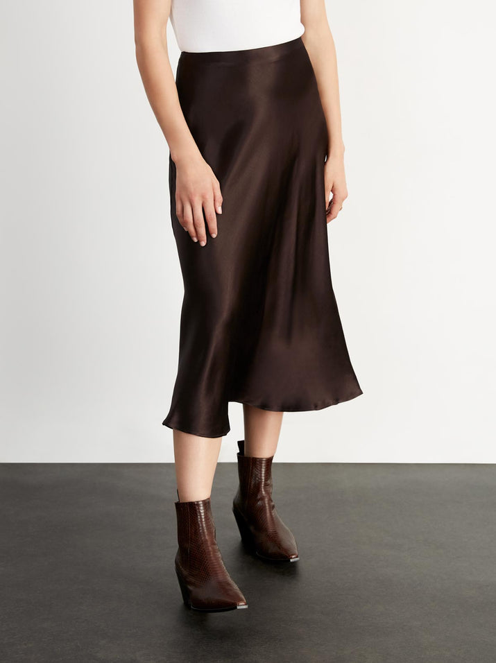 Chocolate satin shop midi skirt