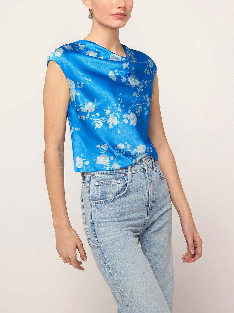 Monkia Blue Trailing Floral Print Top - Monika features a high cowl neck with grown-on cap sleeve for chic coverage. Her elegant Trailing Floral print in soft, tonal blue reflects makes quite the impression