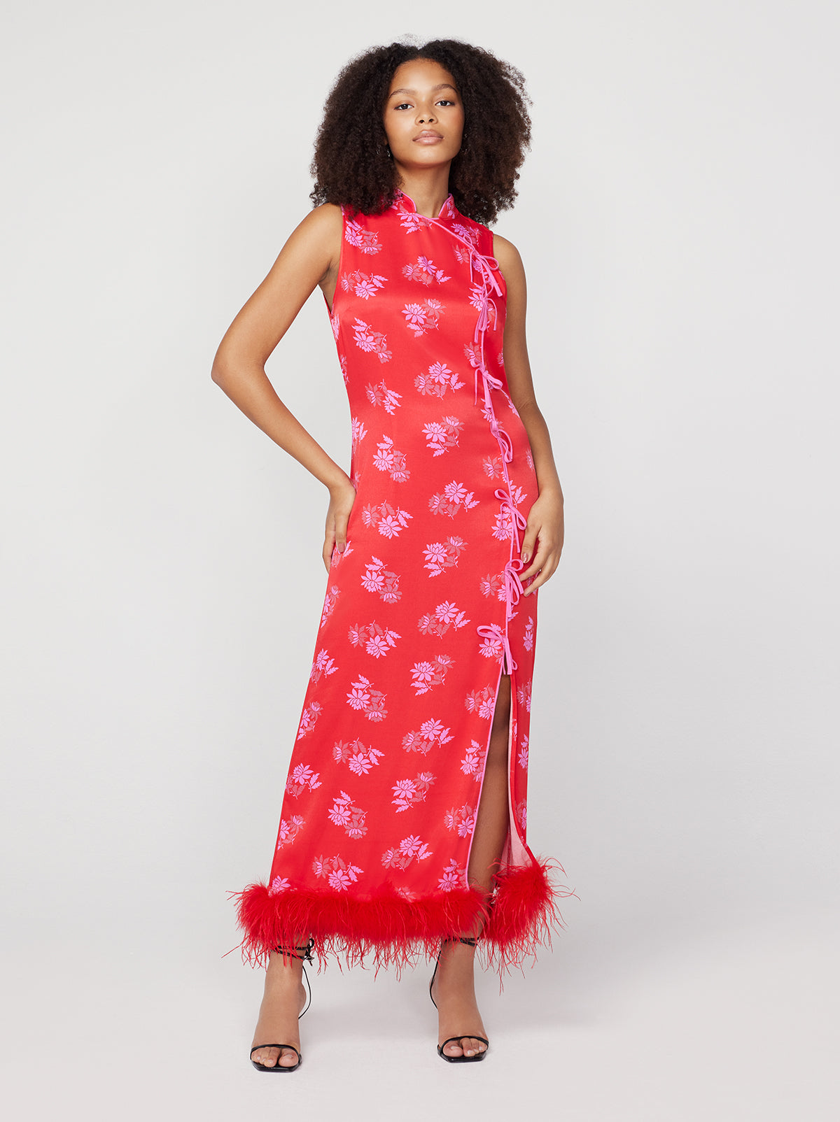 Myla Red Floral Feather Midi Dress