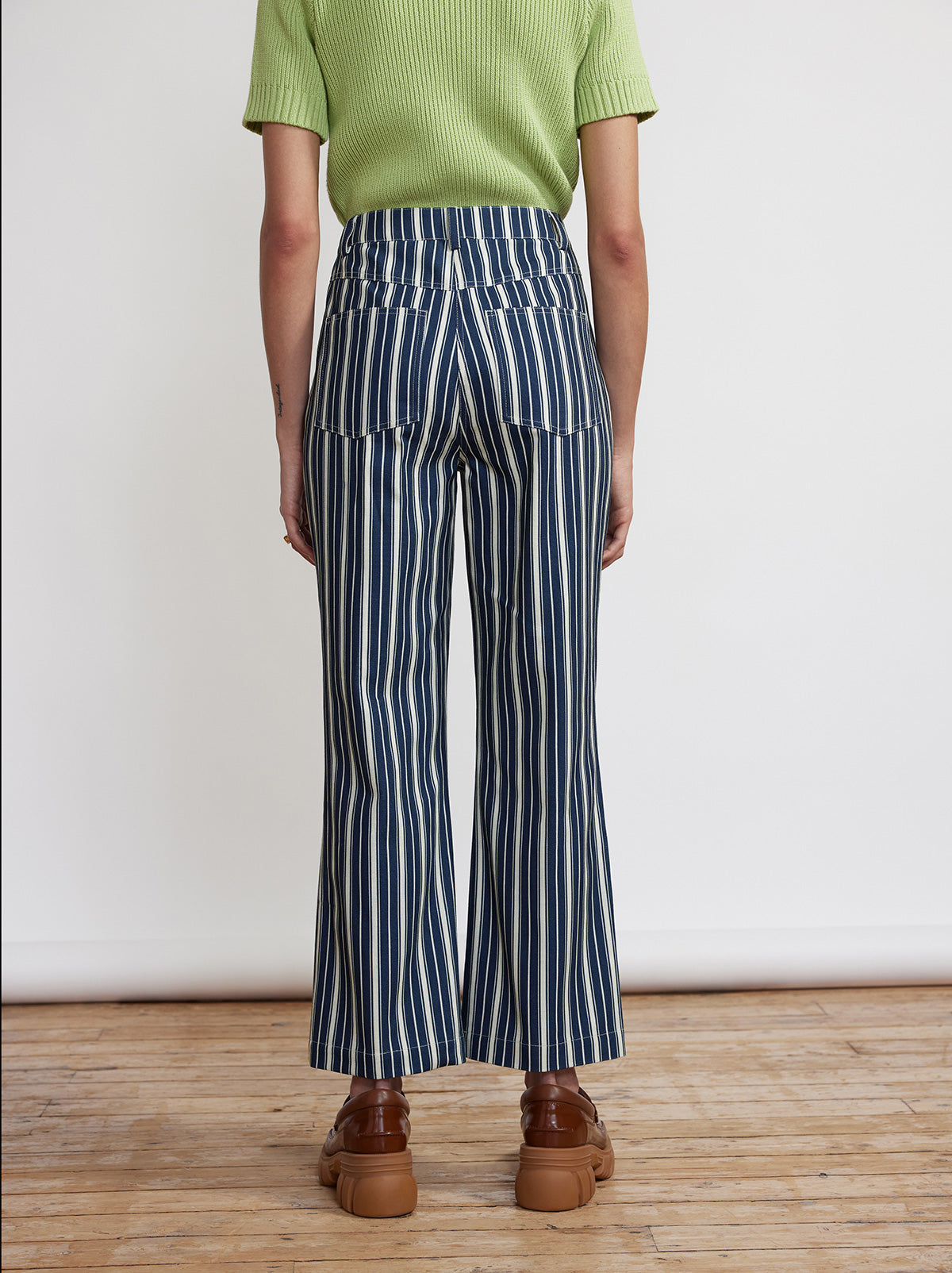 Nadia Blue Stripe Flared Cotton Canvas Trousers By KITRI Studio