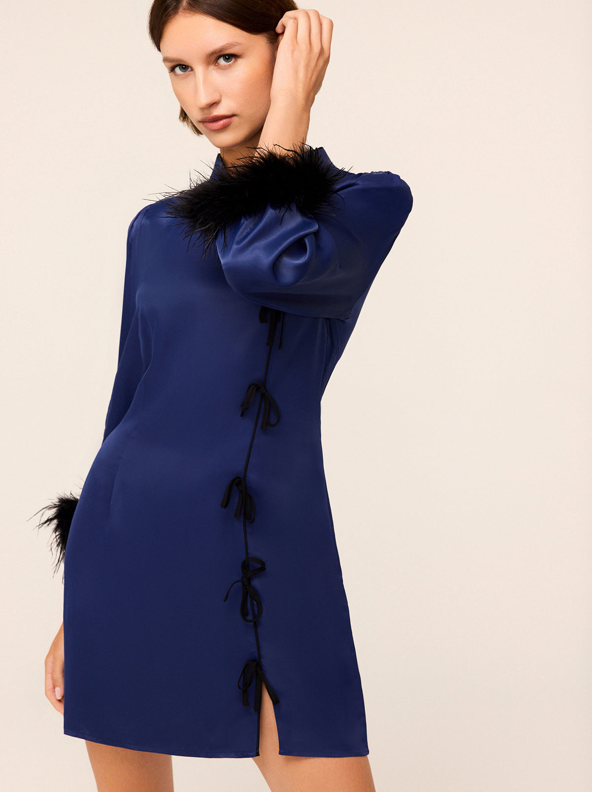 Naomi Navy Satin Feather Mini Dress | KITRI Studio Naomi Navy Satin Feather Mini Dress | KITRI Studio