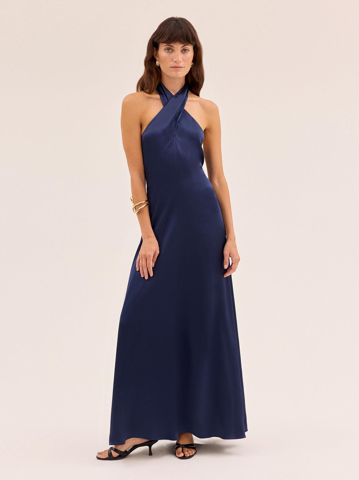 Neve Navy Satin Halterneck Dress | KITRI Studio Neve Navy Satin Halterneck Dress | KITRI Studio
