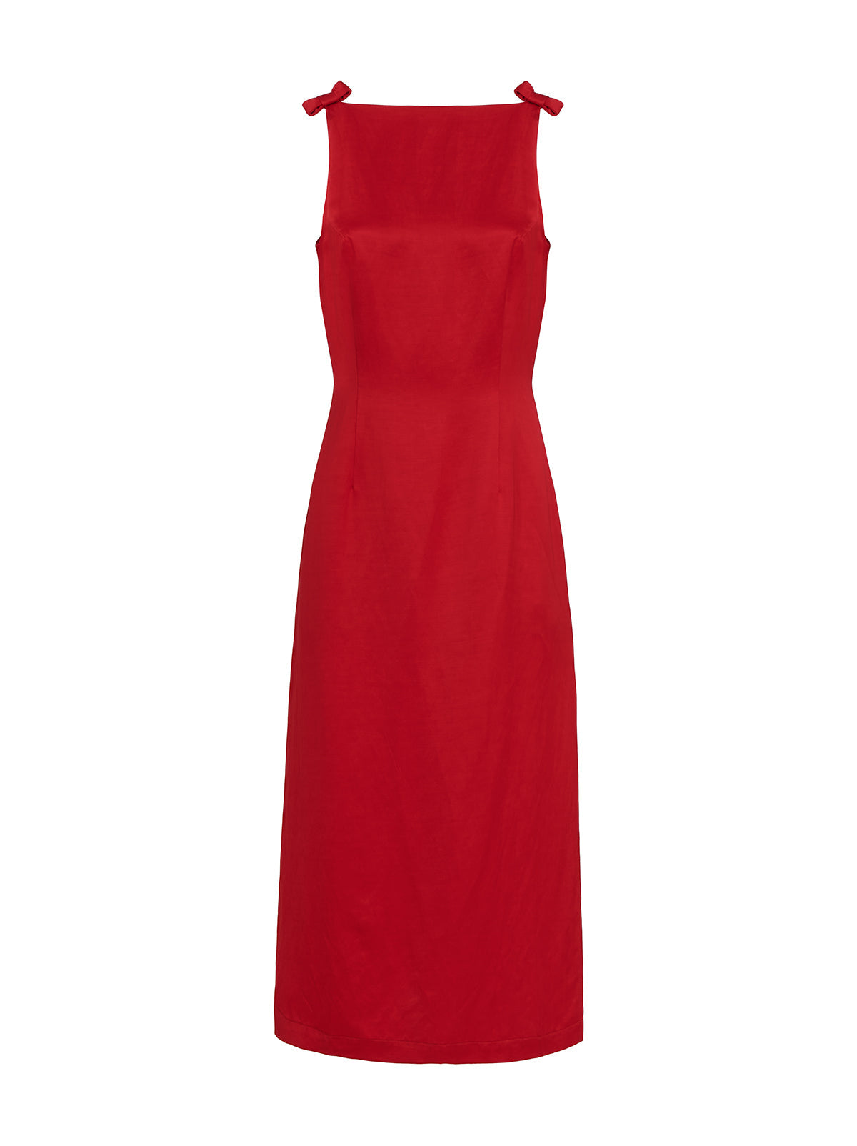 Nikita Red Satin Midi Dress - Nikita is an elegant, '90s-inspired midi dress with a split sheath skirt and low back. She's crafted from a premium salsa red viscose linen blend, providing a subtle sheen and unique rippling effect. Her bow details add a feminine touch and heralds the ballet-theme at the heart of our collection.