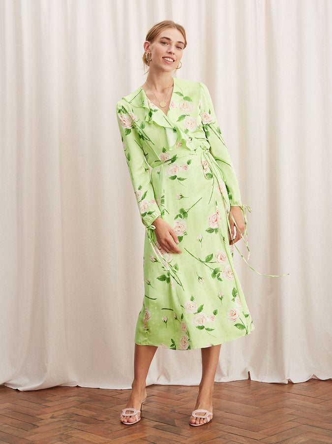 Nita Green Floral Print Frill Wrap Dress | Women's Wrap Dresses | KITRI