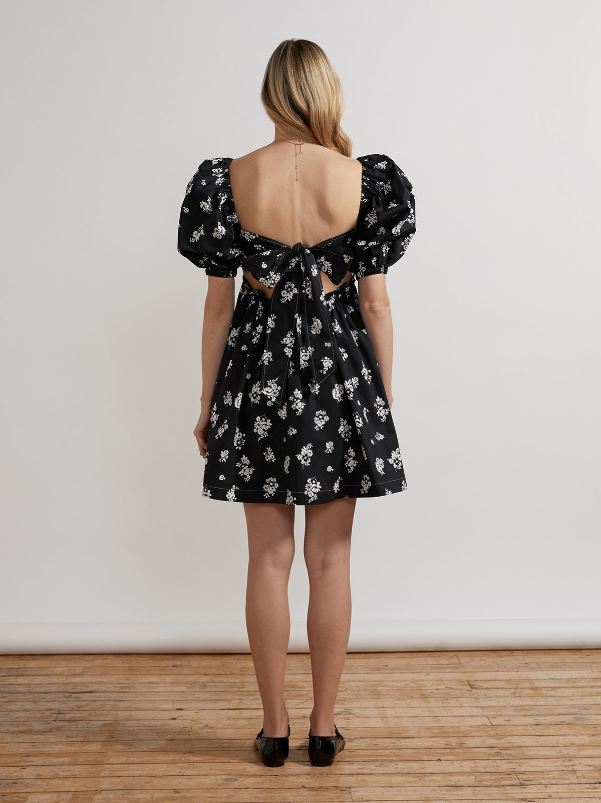 Olga Tie Back Black Mono Floral Mini Dress by KITRI Studio