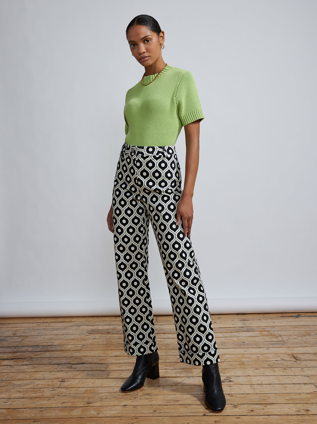 Olive Wallpaper Print Stretch Cotton Twill Trousers by KITRI Studio