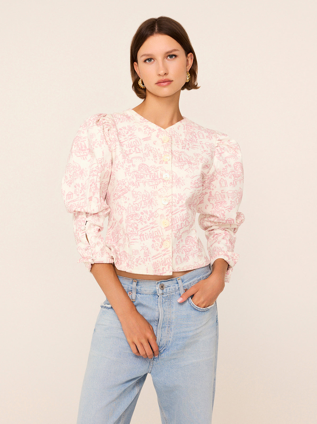 Olivia Pink Theatre Print Denim Top By KITRI Studio
