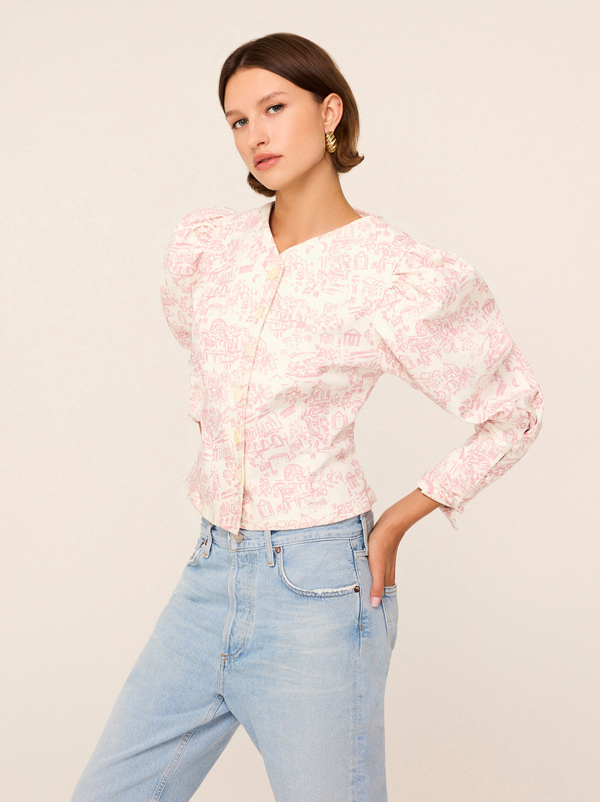 Olivia Pink Theatre Print Denim Top By KITRI Studio