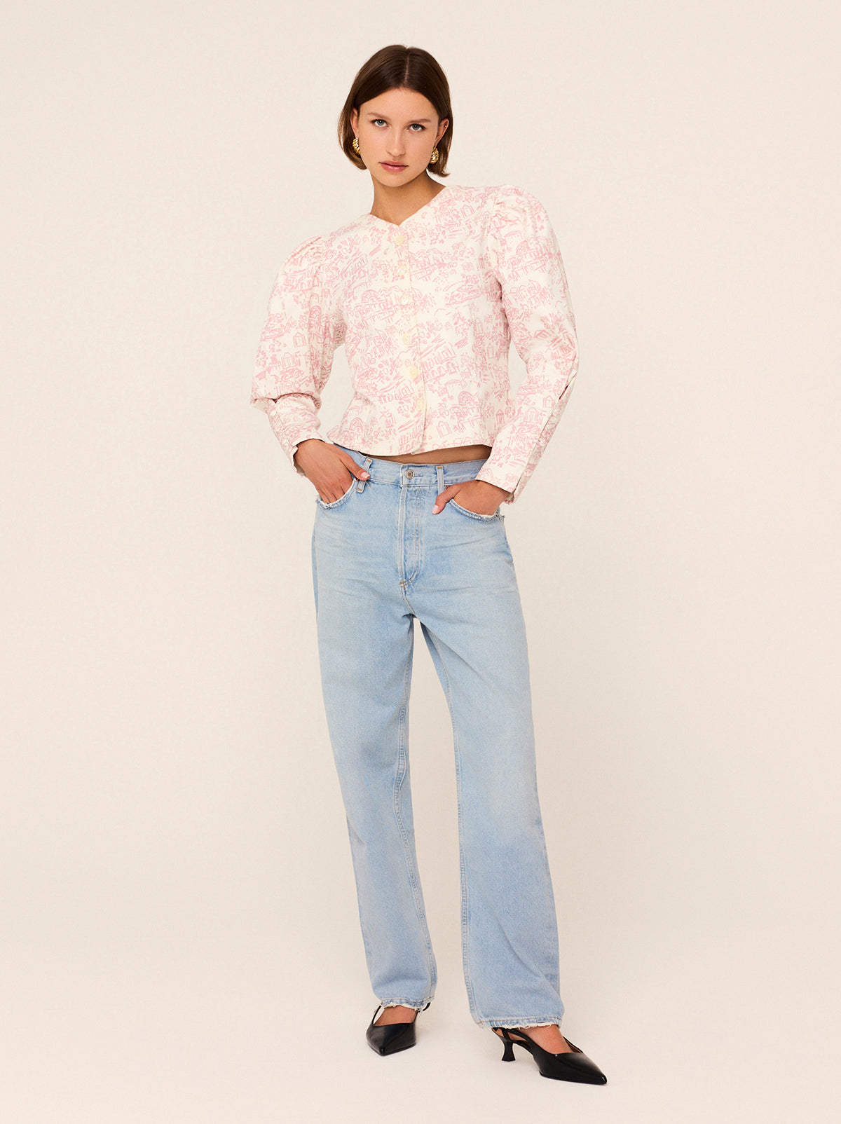 Olivia Pink Theatre Print Denim Top By KITRI Studio