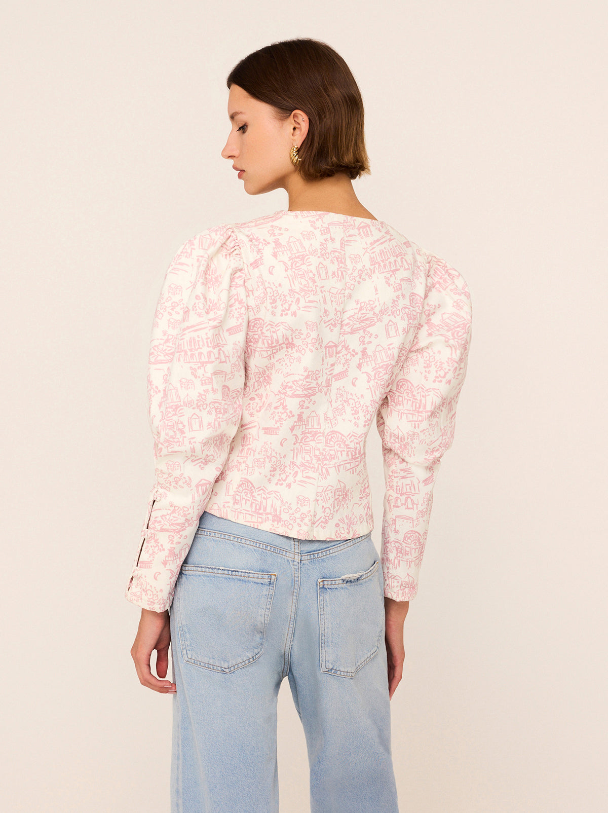 Olivia Pink Theatre Print Denim Top By KITRI Studio