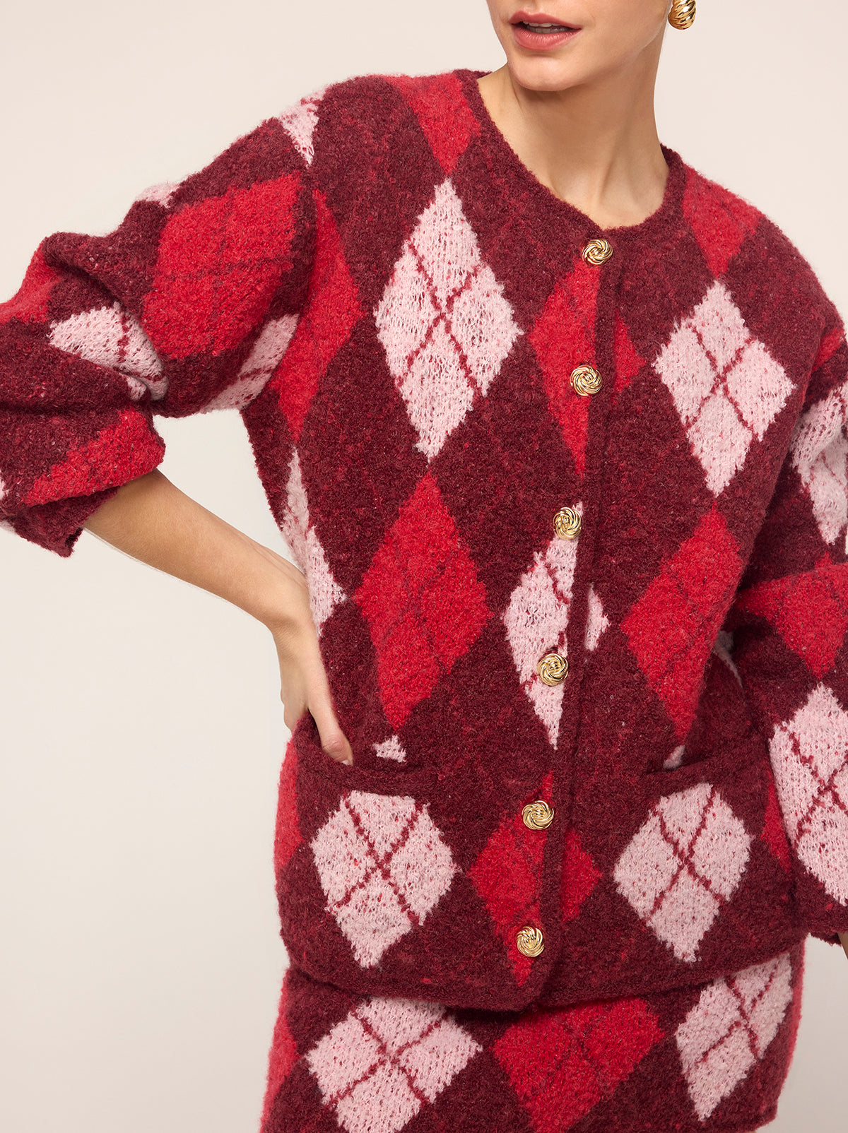 Pandora Burgundy Argyle Knit Cardigan KITRI Studio