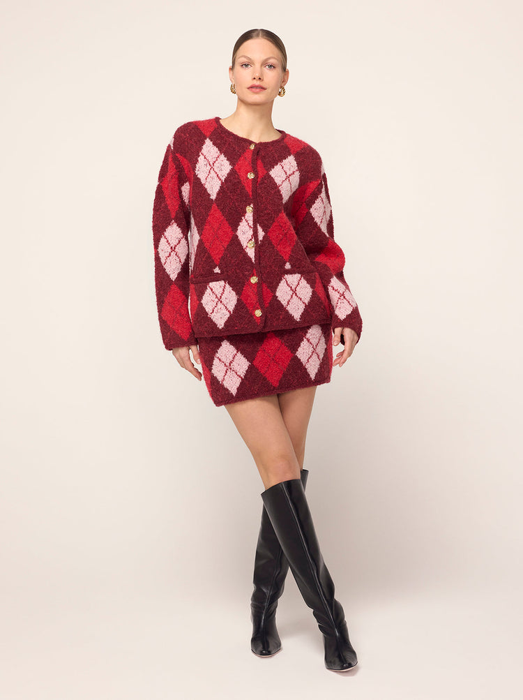 Pandora Burgundy Argyle Knit Cardigan By KITRI Studio