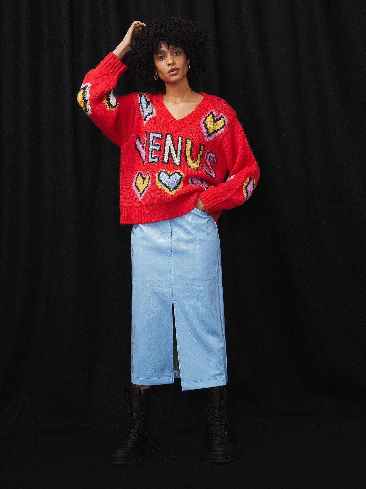 Penny Cornflower Blue Vinyl Skirt by Kitri Studio. Did someone say corporate cocktail? Penny is the ultimate 9-5 (or 5-9) companion.  A high-waisted skirt cut from glossy cornflower blue vinyl, she'll take you from desk to drinks with ease. Centre-front zip. Fitted. Straight skirt. Shell: 100% PU. Backing: 100% Viscose.