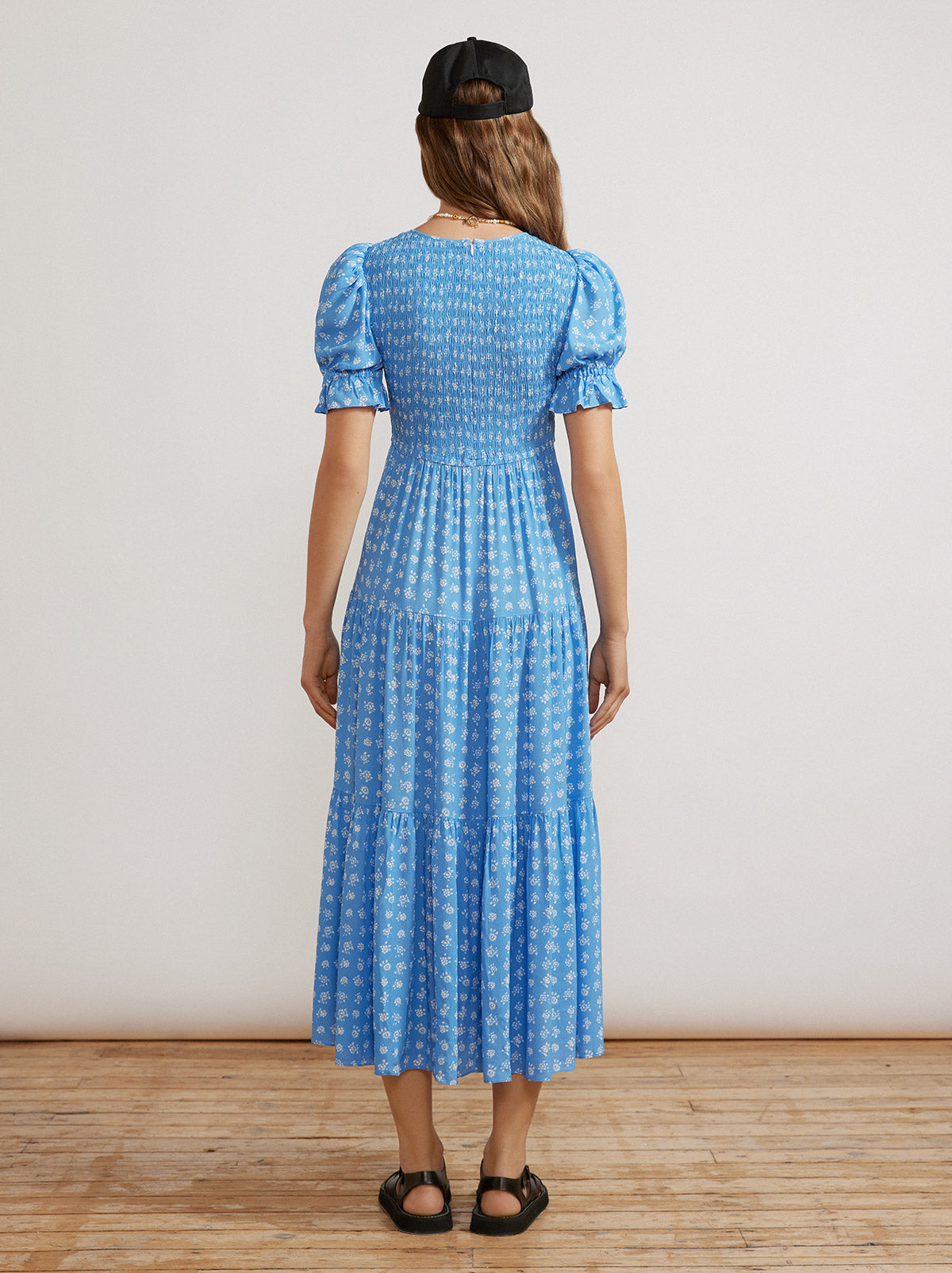 Persephone Shirred Blue Ditsy Floral Dress By KITRI Studio