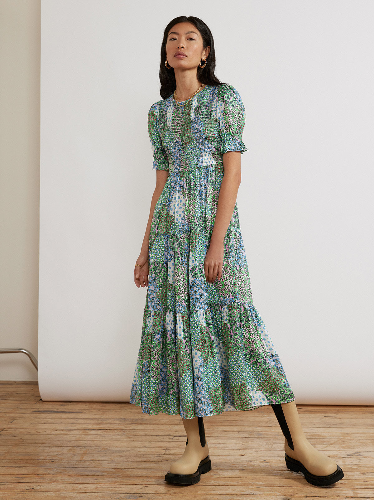 Persephone Shirred Mixed Floral Print Dress