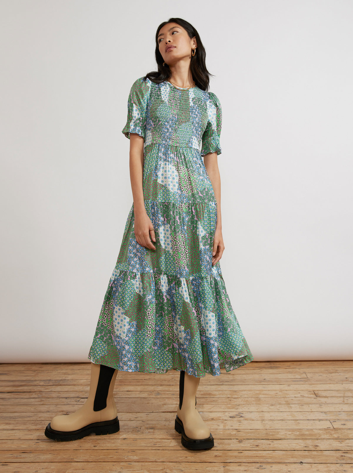 Persephone Shirred Mixed Floral Print Dress