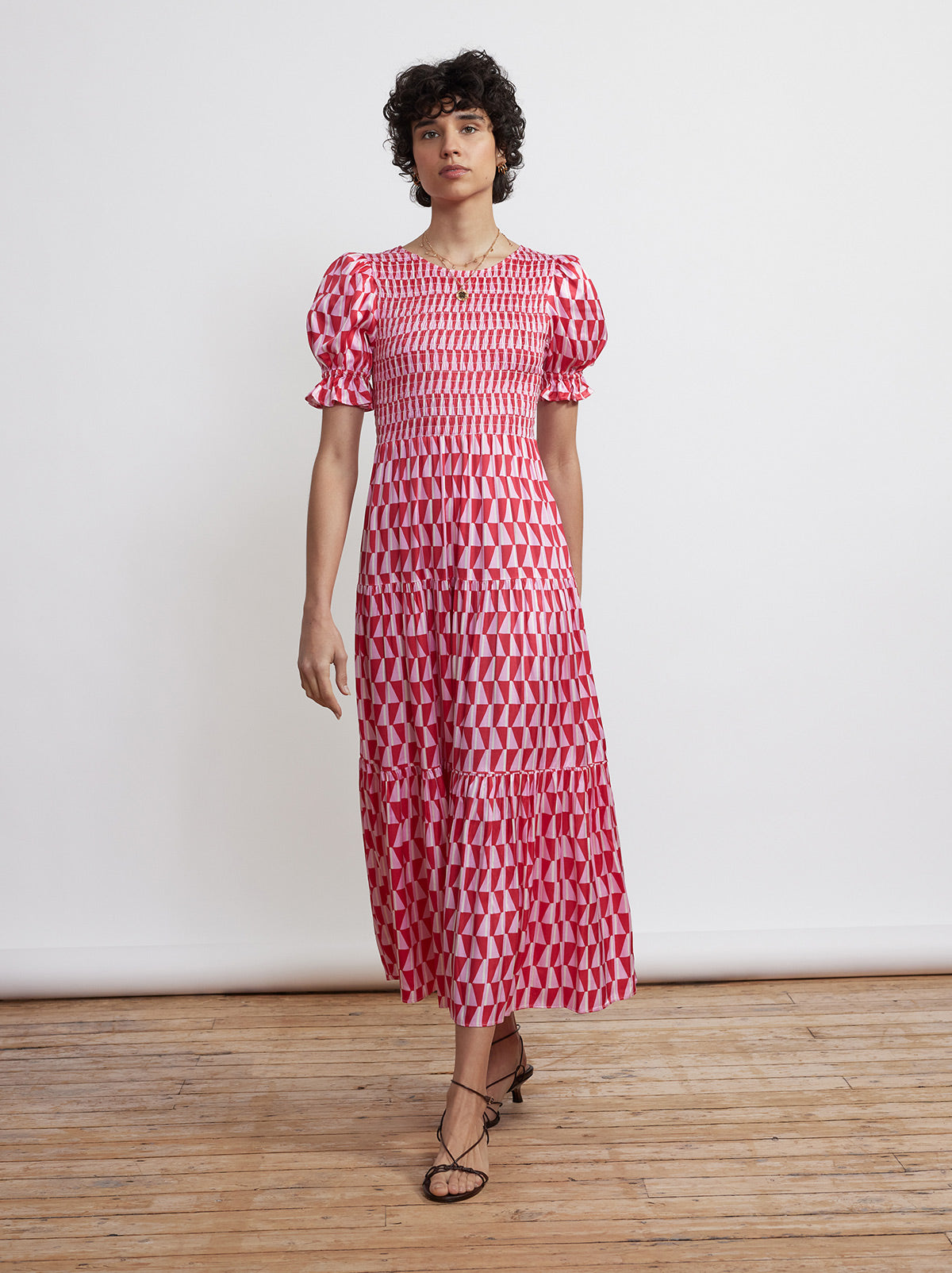 Persephone Shirred Pink Tile Print Dress By KITRI Studio