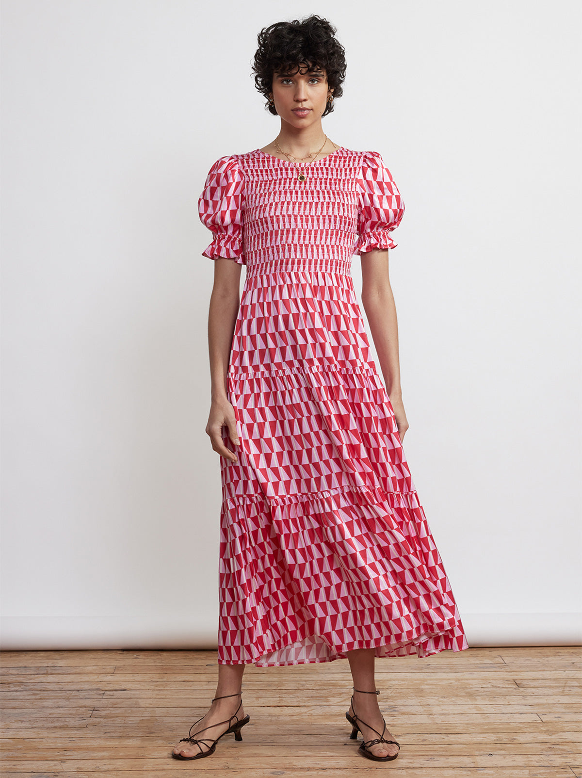 Persephone Shirred Pink Tile Print Dress By KITRI Studio