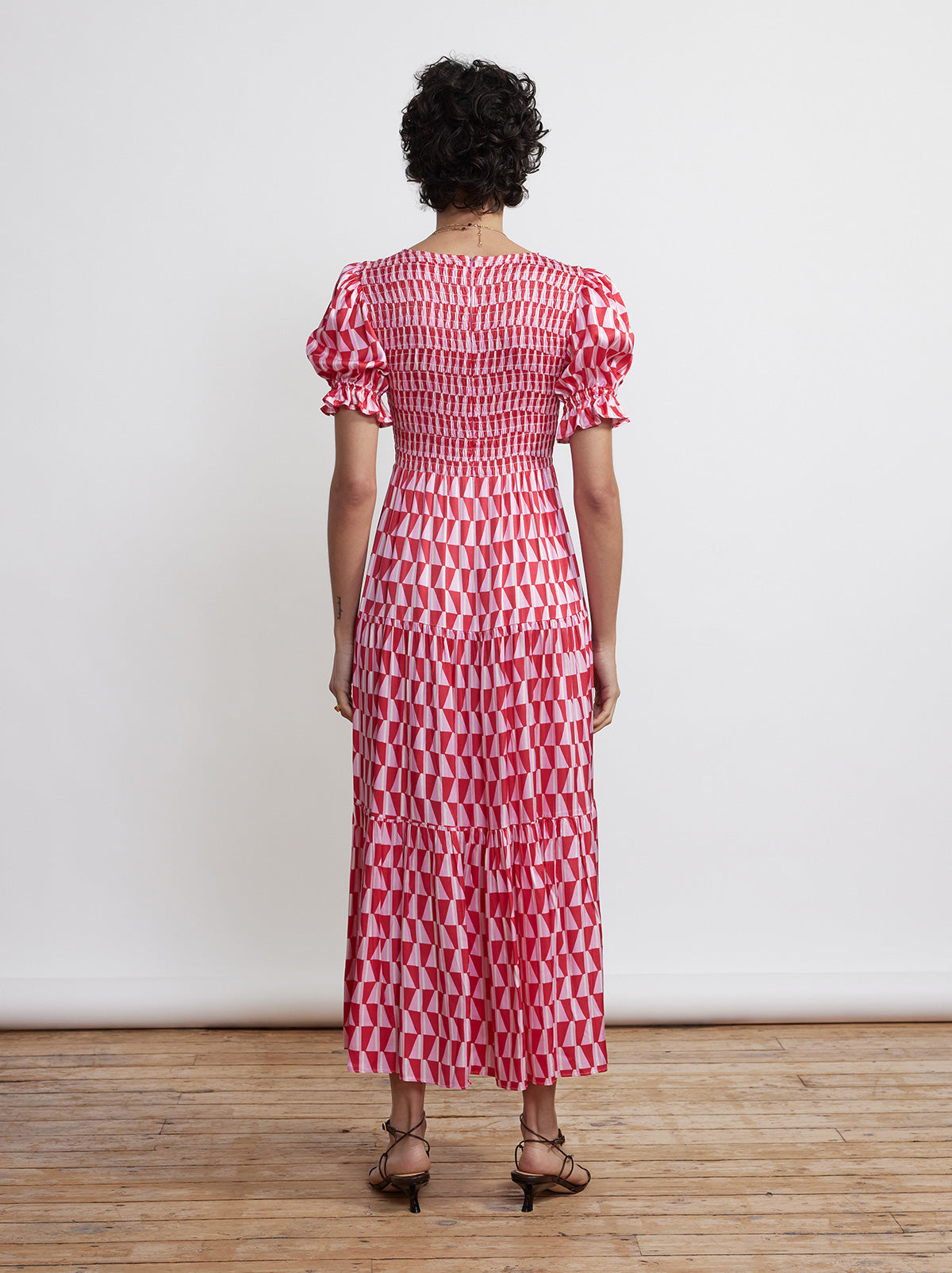 Persephone Shirred Pink Tile Print Dress By KITRI Studio