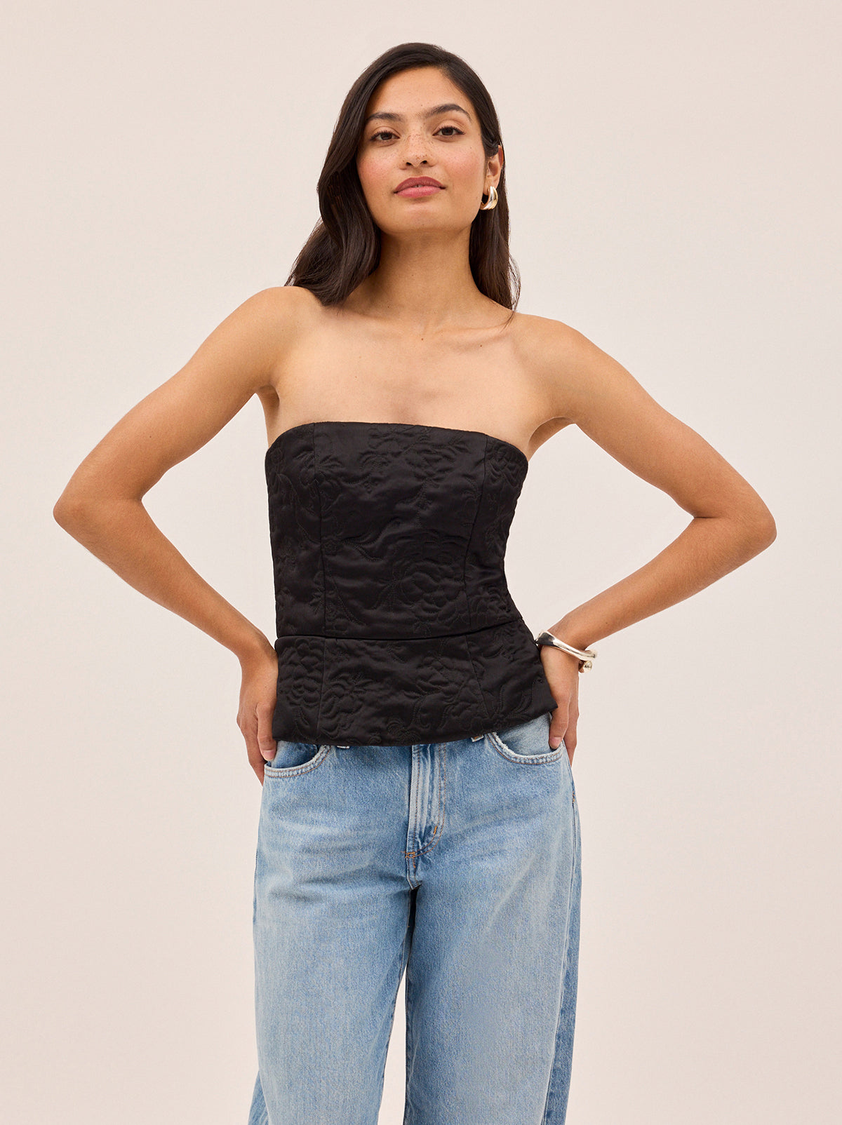 Petra Black Quilted Satin Bandeau Top By KITRI Studio
