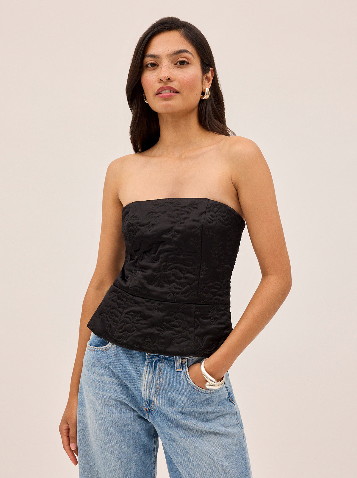 Petra Black Quilted Satin Bandeau Top By KITRI Studio