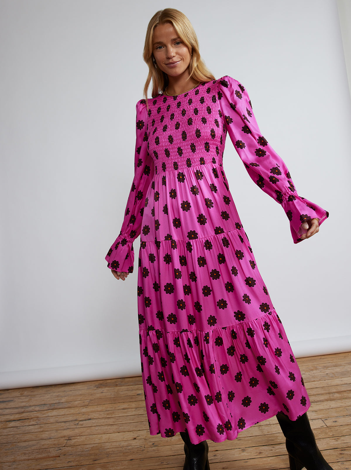 Petra Pink Retro Floral Shirred Dress By KITRI Studio