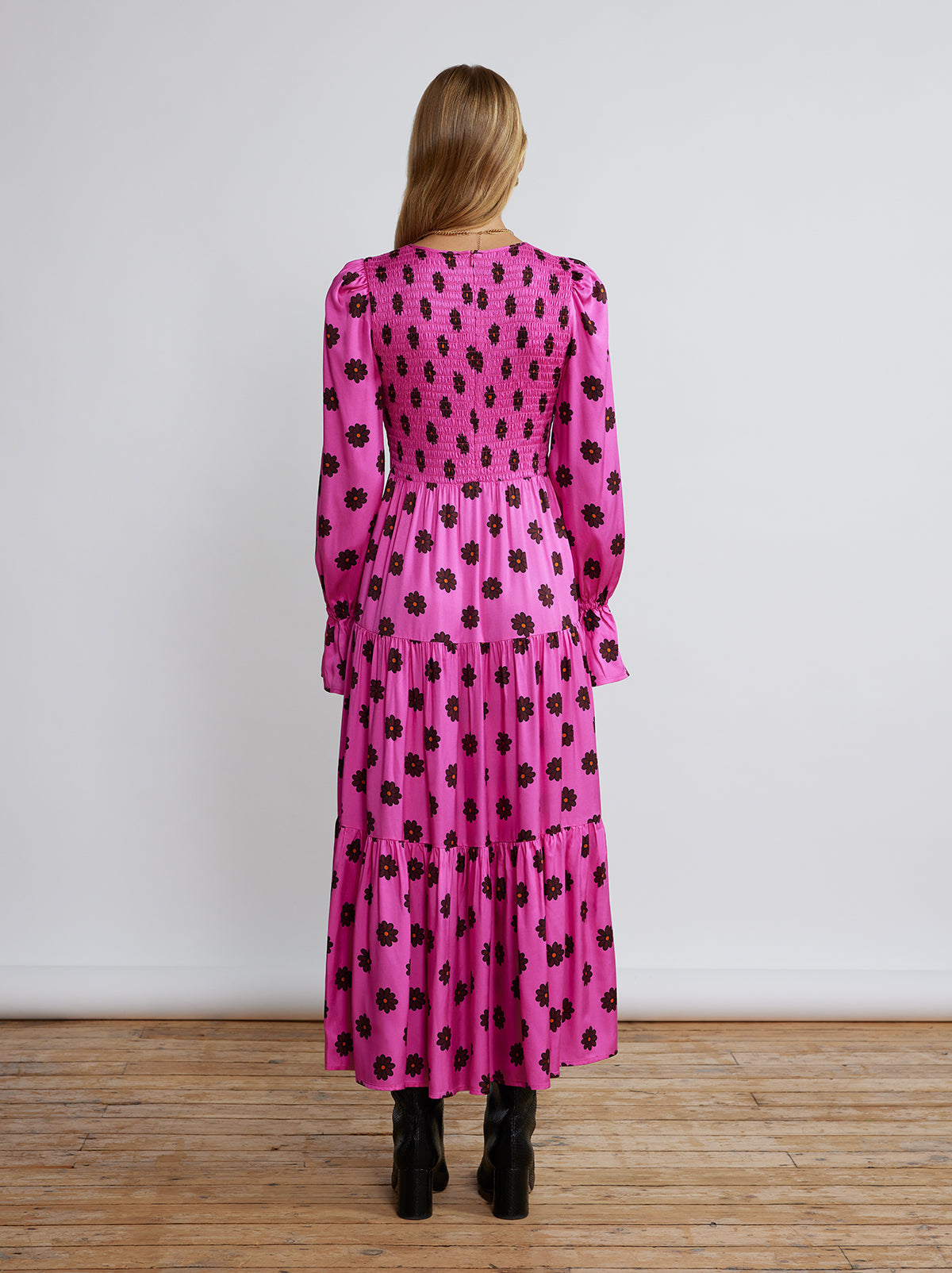 Petra Pink Retro Floral Shirred Dress By KITRI Studio