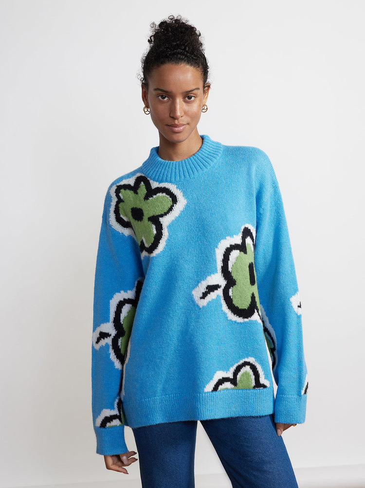 Phoebe Blue Painted Floral Sweater By KITRI Studio