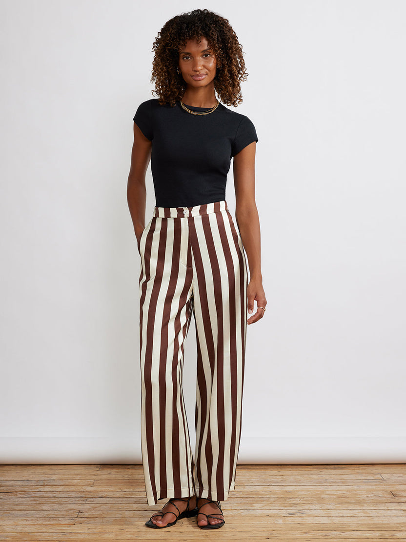 Phoenix Chocolate Striped Satin Trousers | KITRI Studio