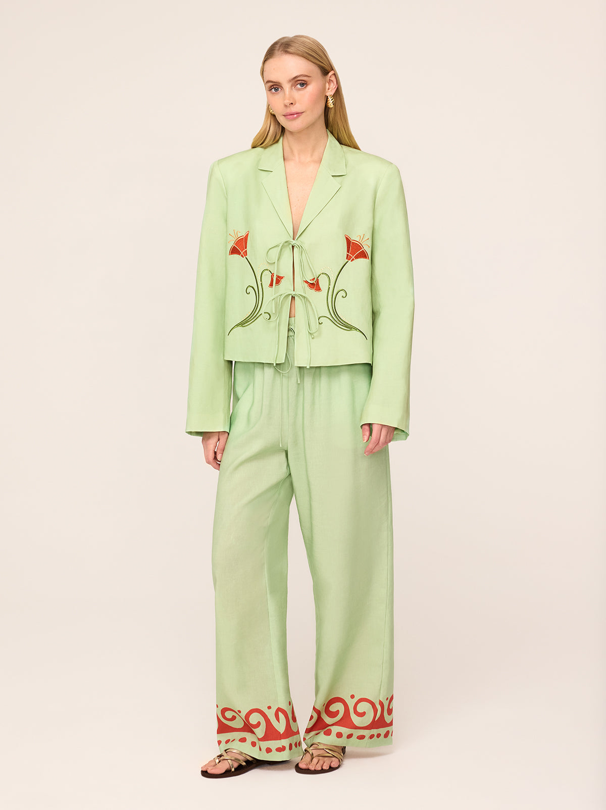 Pre-order: Cressida Pistachio Embroidered Tie Front Blazer By KITRI Studio