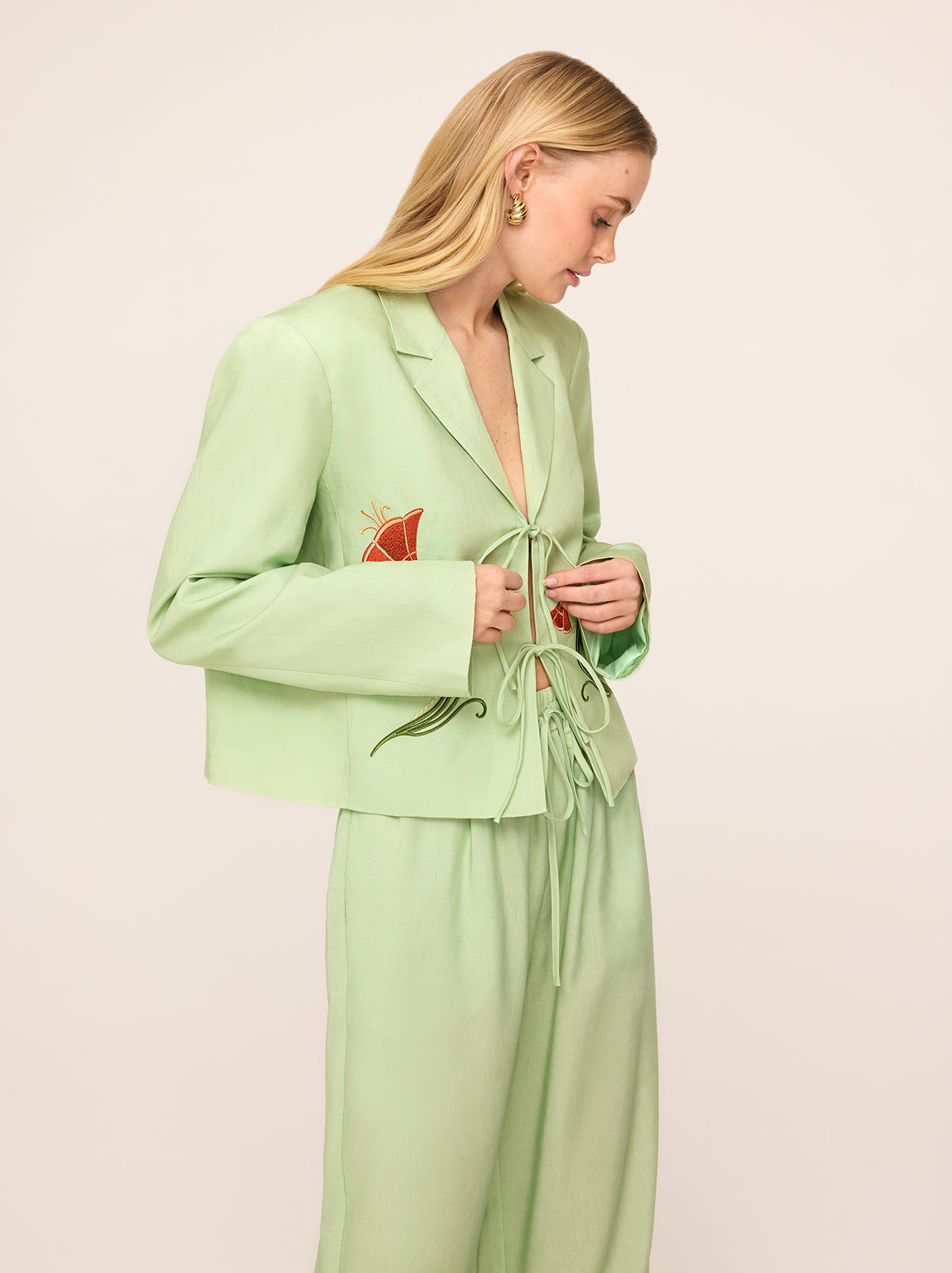 Pre-order: Cressida Pistachio Embroidered Tie Front Blazer By KITRI Studio