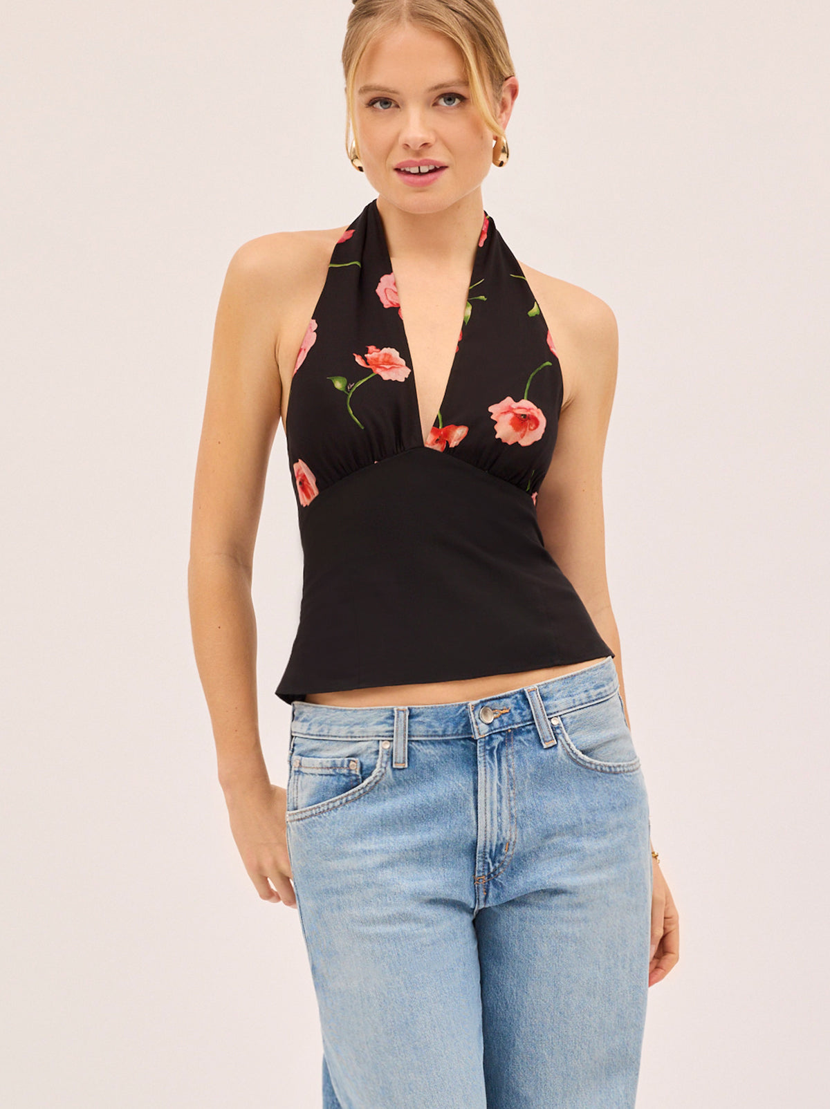 Raine Black Poppy Print Halter Top By KITRI Studio