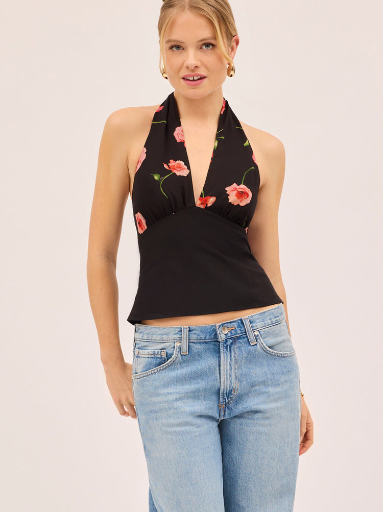Raine Black Poppy Print Halter Top By KITRI Studio