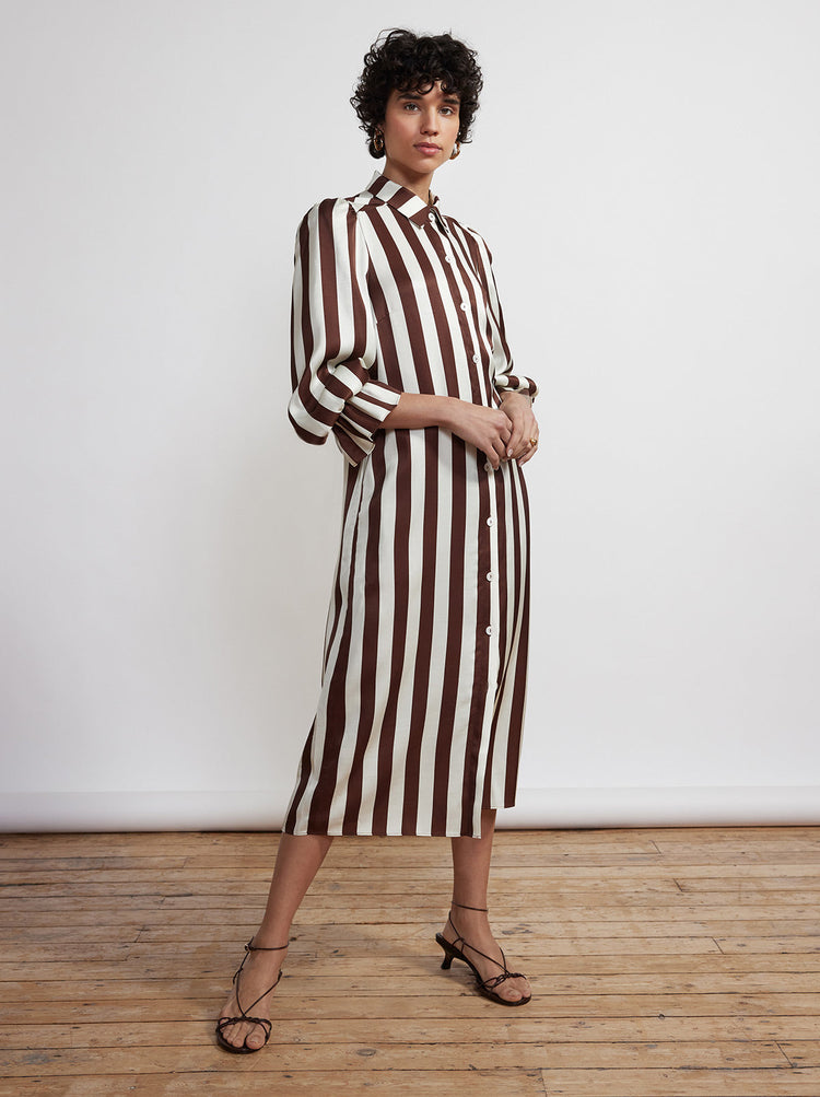Raquel Chocolate Striped Satin Shirt Dress by KITRI Studio