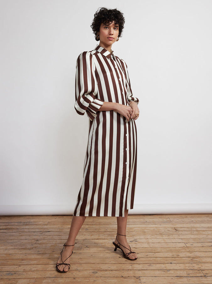 Raquel Chocolate Striped Satin Shirt Dress by KITRI Studio