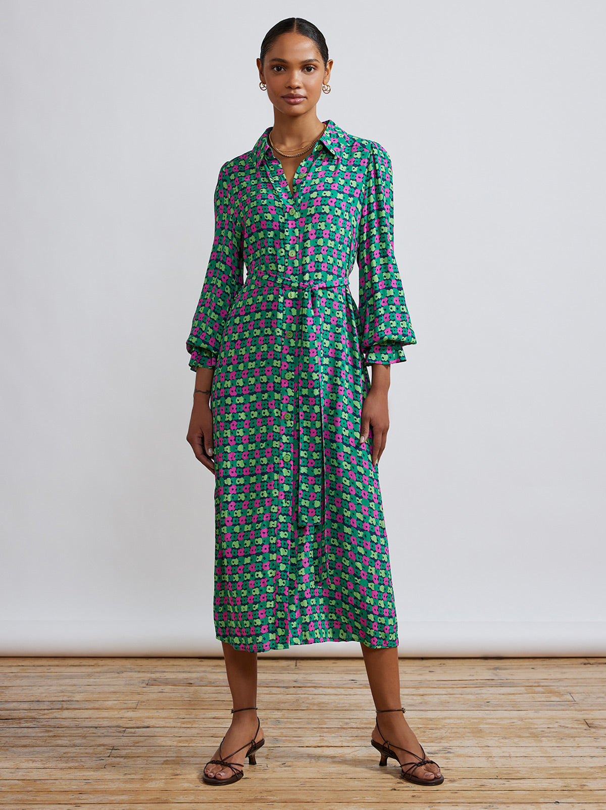 Raquel Green Linear Floral Shirt Dress | KITRI Studio