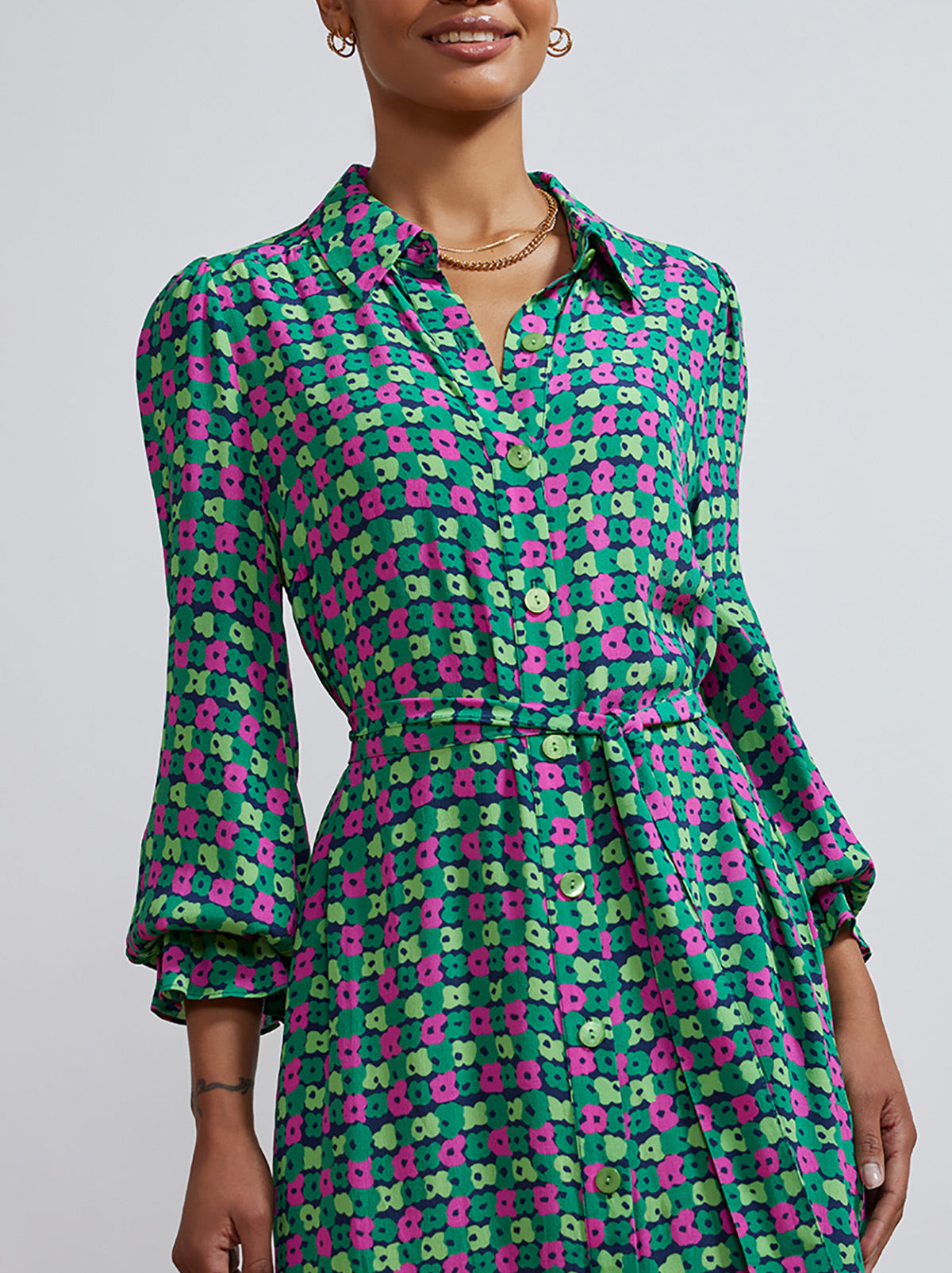 Raquel Green Linear Floral Shirt Dress by KITRI Studio