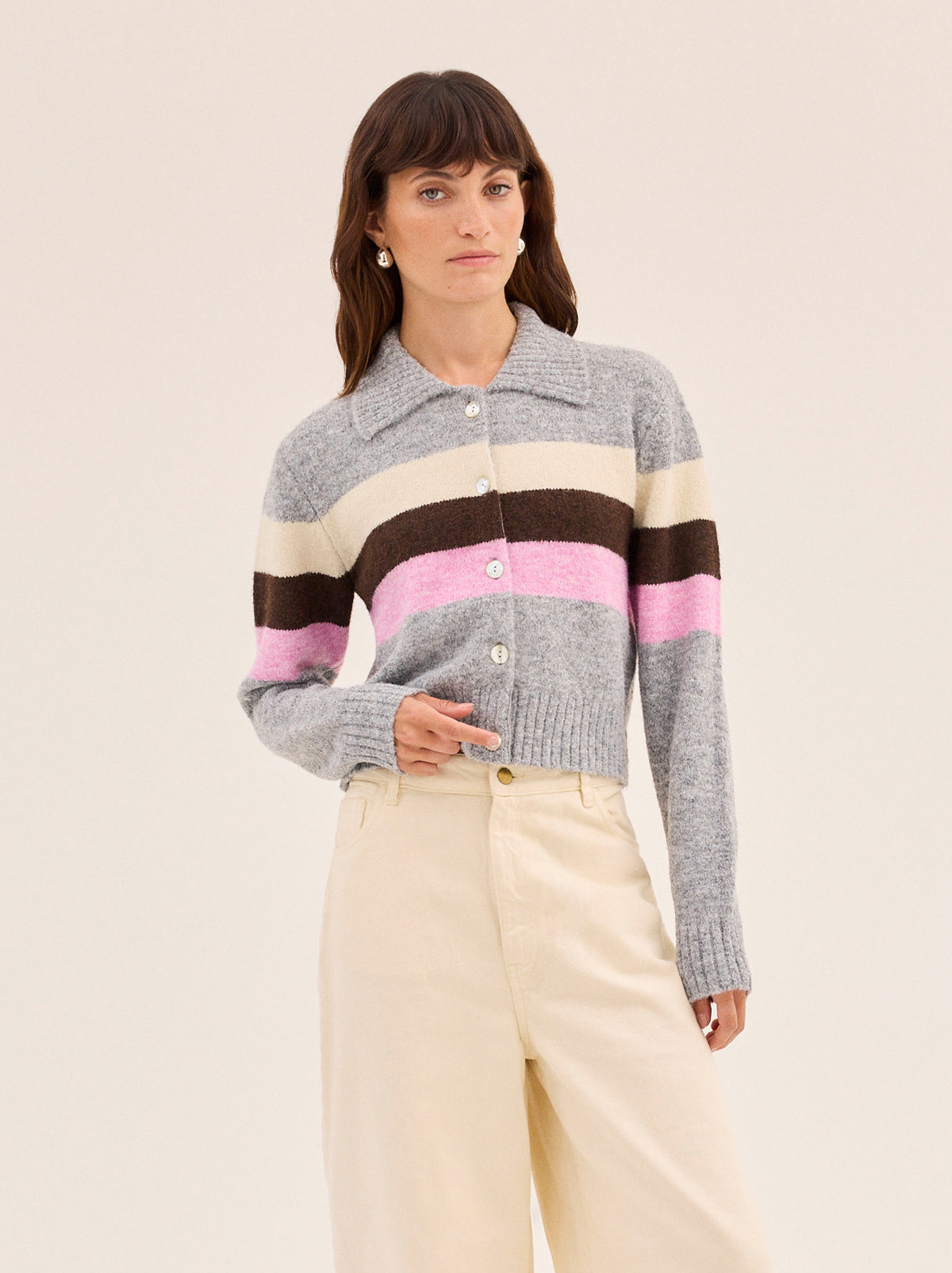 Romy Grey Neapolitan Stripe Knit Cardigan By KITRI Studio