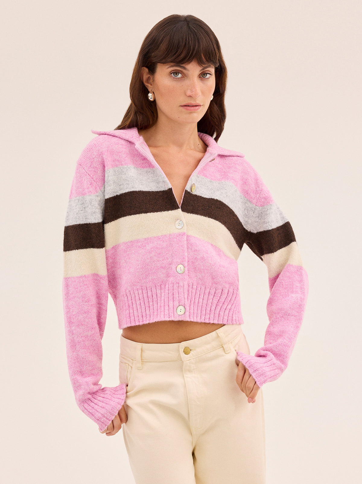 Romy Pink Neapolitan Stripe Knit Cardigan By KITRI Studio