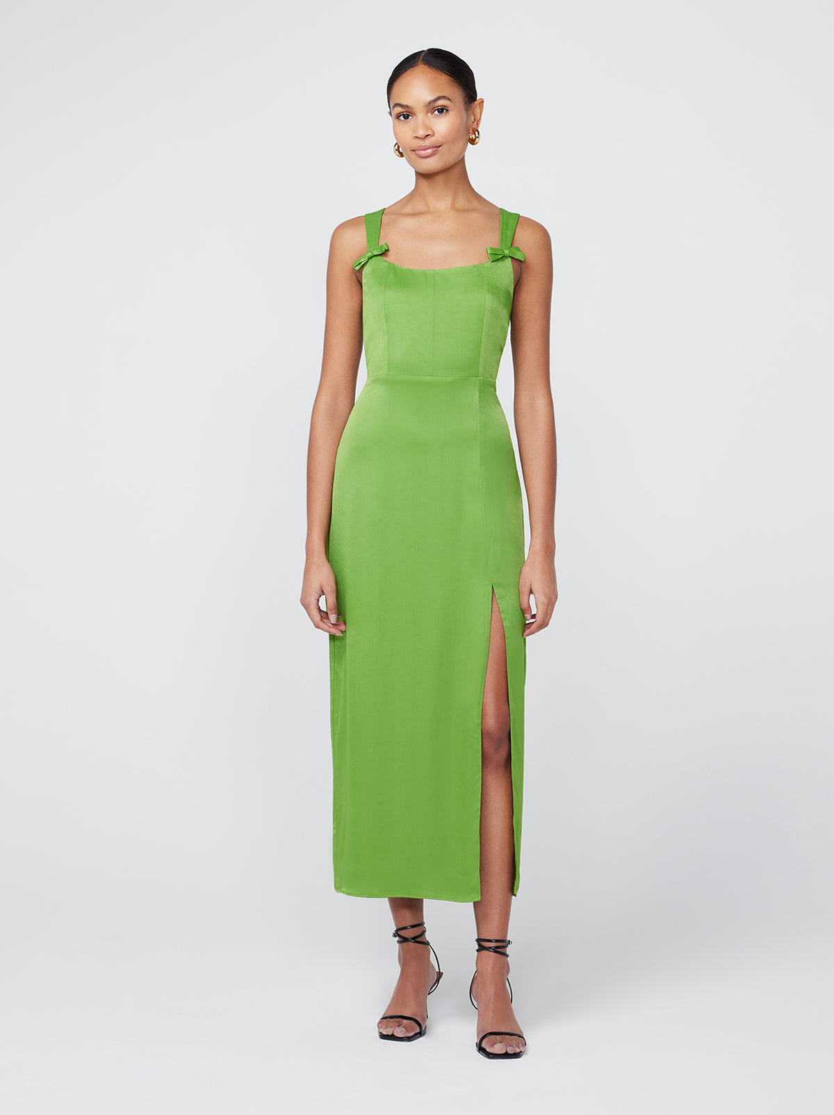 Rosalind Kiwi Green Satin Midi Dress