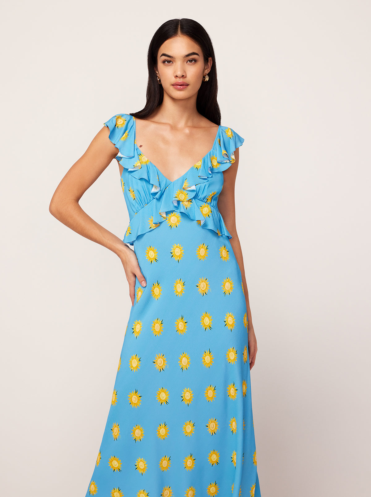 Rosemary Blue Sunflower Print Midi Dress By KITRI Studio