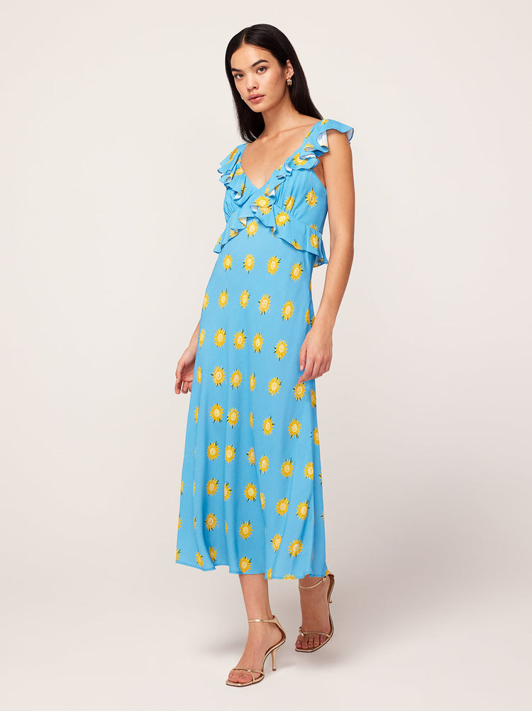 Rosemary Blue Sunflower Print Midi Dress By KITRI Studio