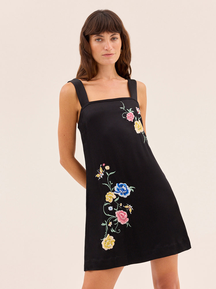 Saffron Black Satin Embroidered Mini Dress By KITRI Studio